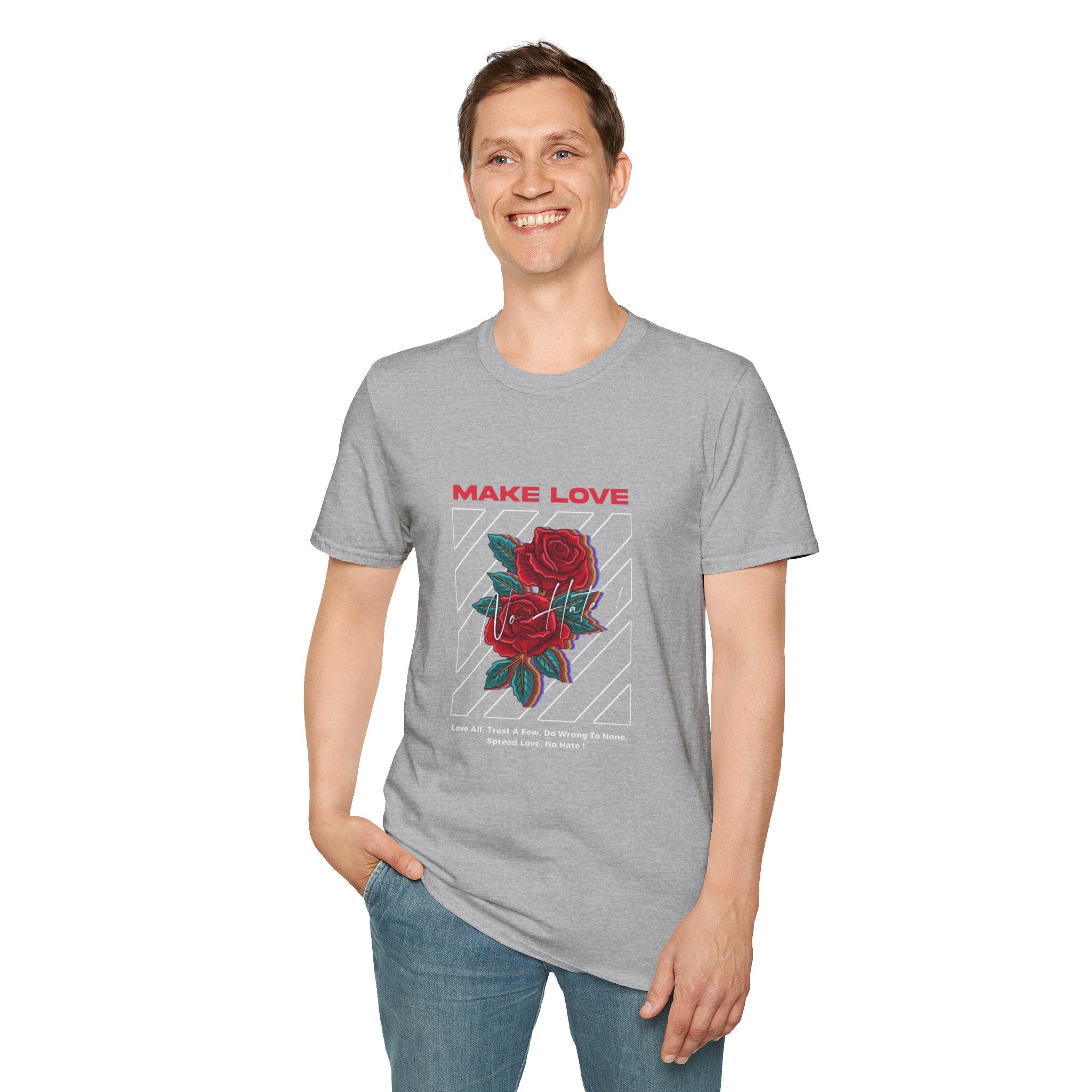Make Love Rose graphic T-Shirt | Retro stripes, red rose design