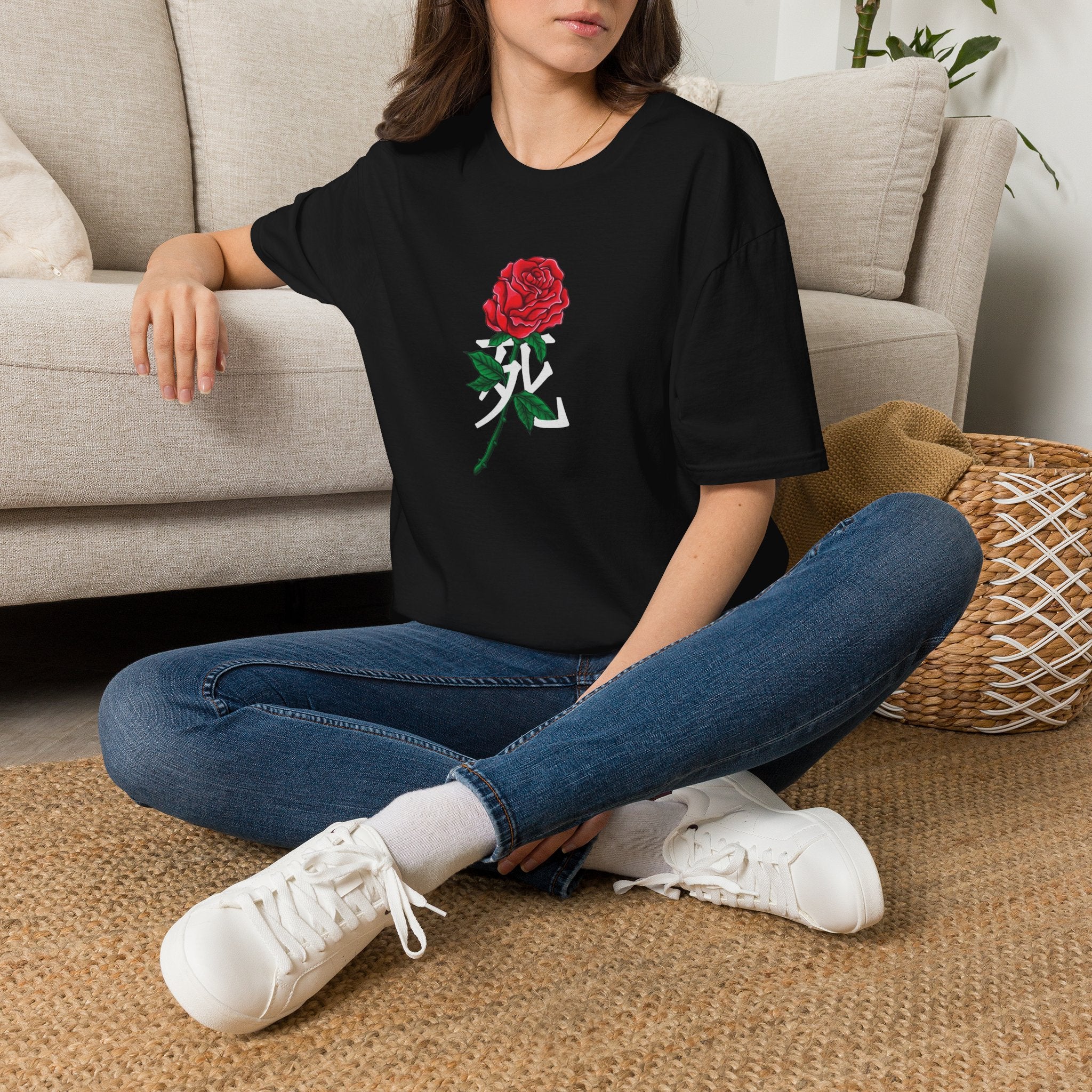 Rose Graphic T-Shirt with Japanese Kanji