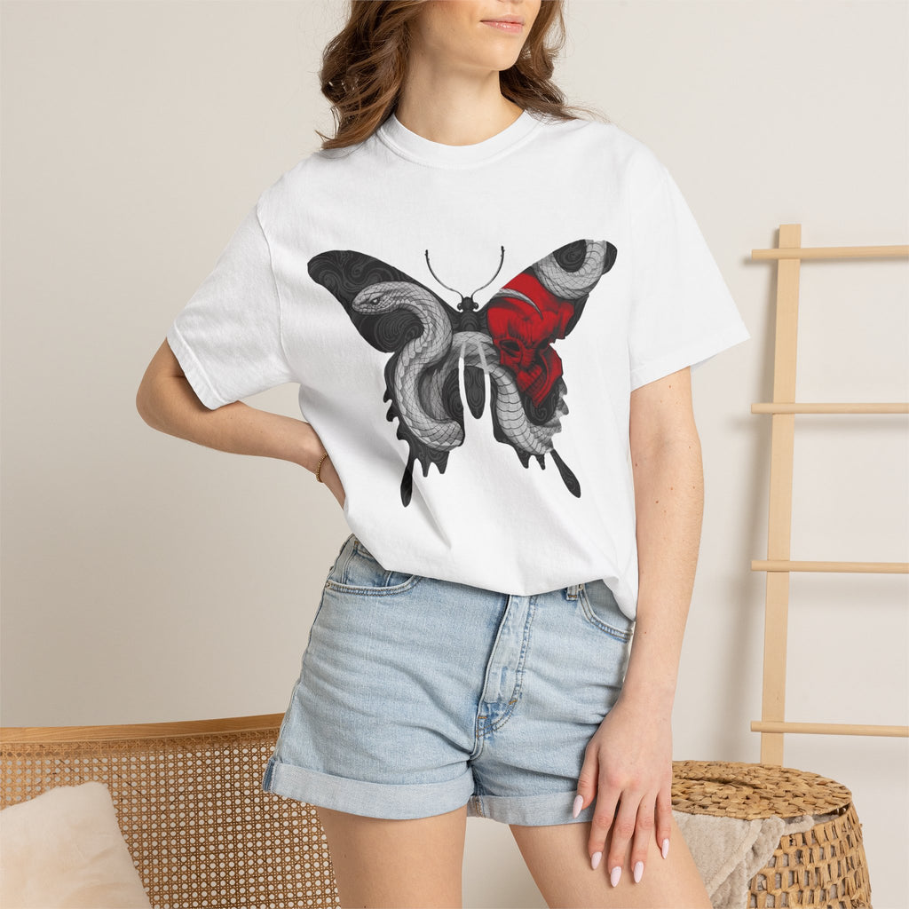 Mystic Moth Tee — Red Kabuki Mask Butterfly Graphic T-Shirt