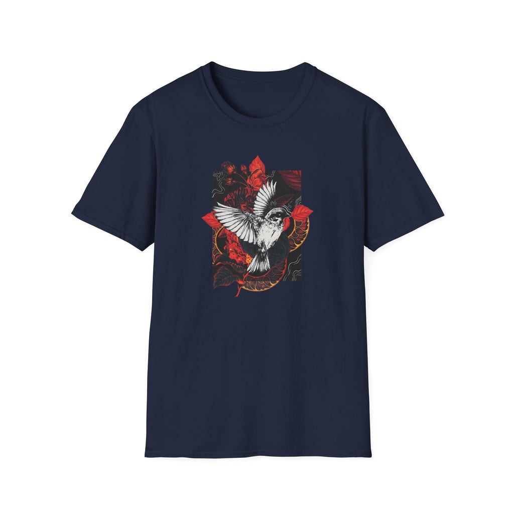 Dove & Roses Graphic T-Shirt — White Dove with Red Floral Crest