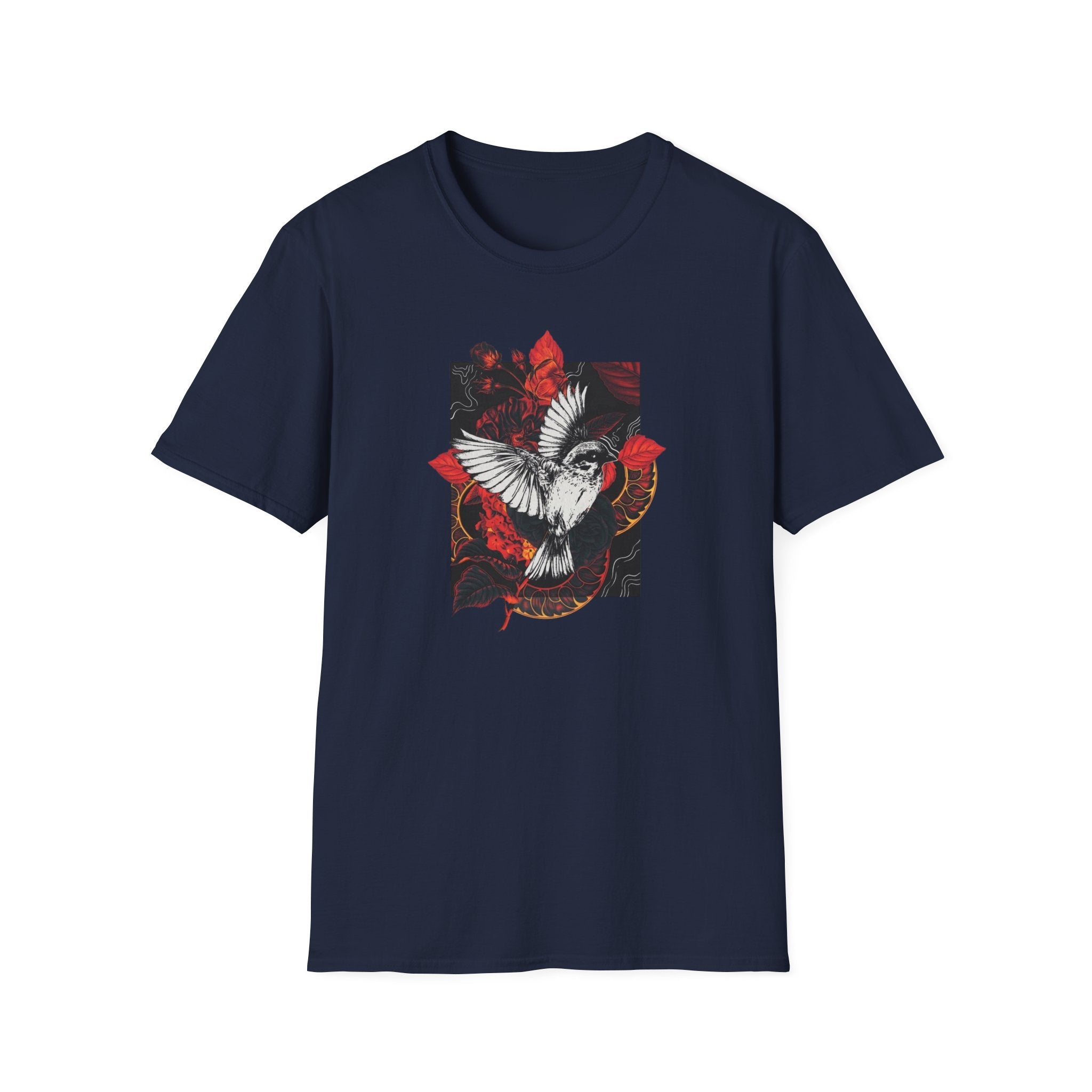 Dove & Roses Graphic T-Shirt — White Dove with Red Floral Crest