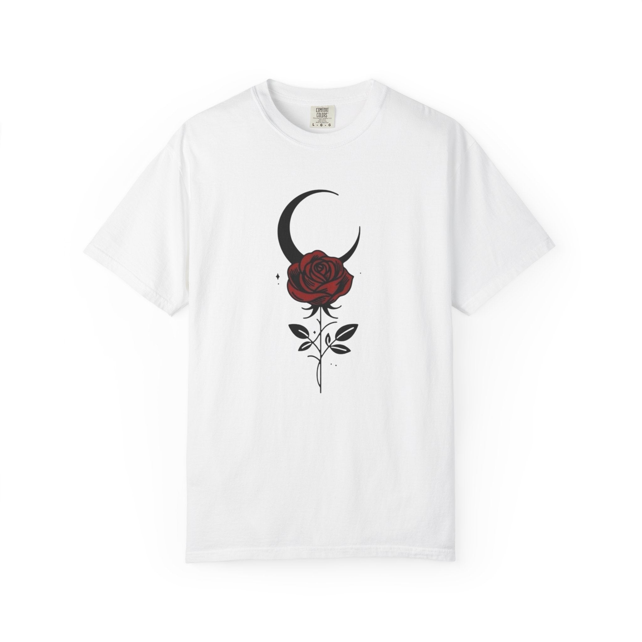 Moon & Rose T‑Shirt — Gothic Crescent Moon with Red Rose Graphic
