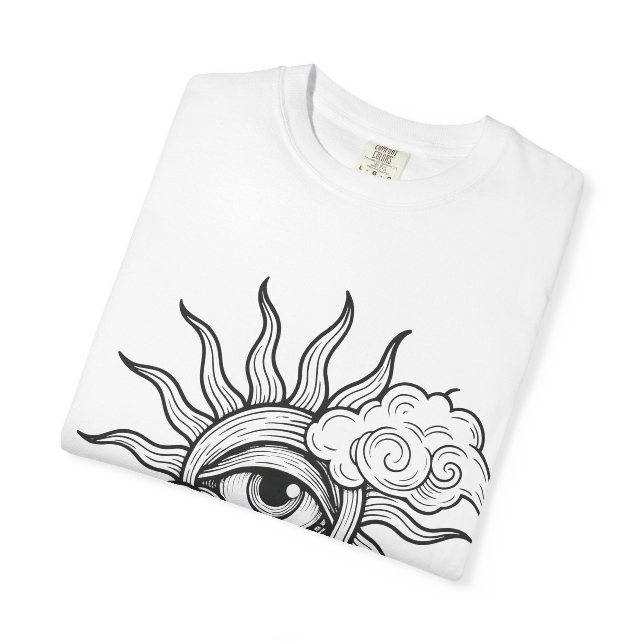 All-Seeing Sun Eye T-Shirt | Celestial Sun and Cloud Illustration