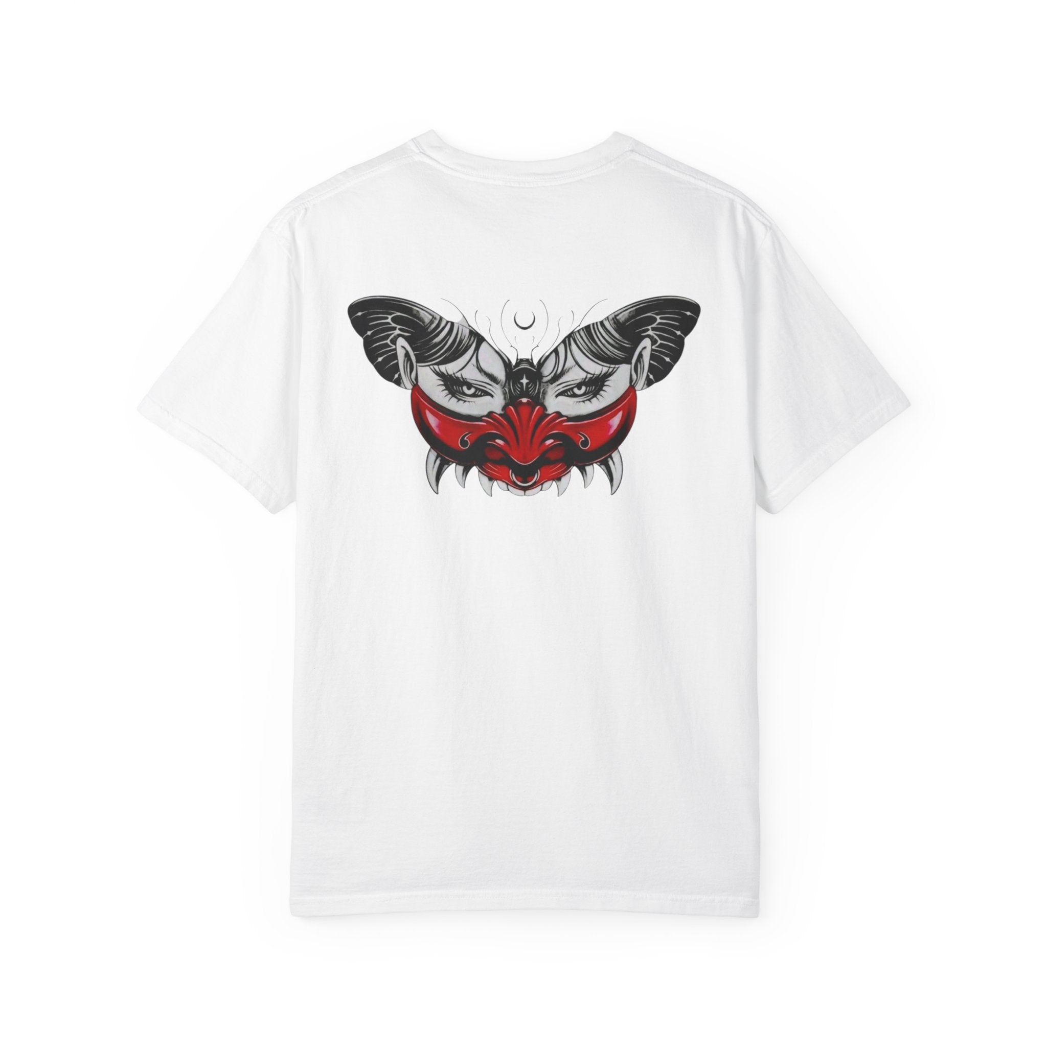 Mystic Moth Tee — Red Kabuki Mask Butterfly Graphic T-Shirt