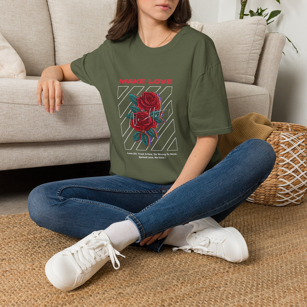 Make Love Rose graphic T-Shirt | Retro stripes, red rose design