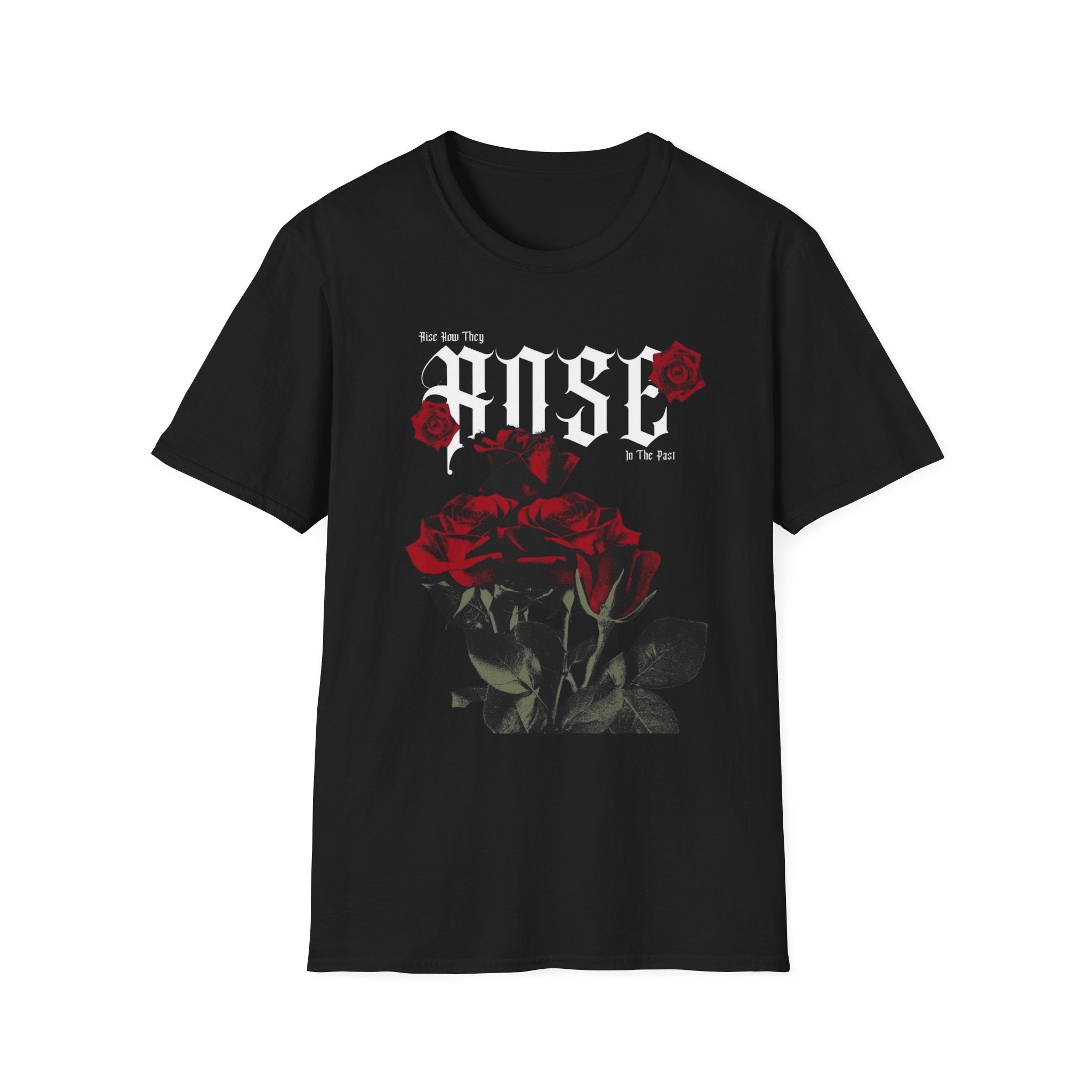 Rose Typography T-Shirt | Gothic Red Roses, Floral Script