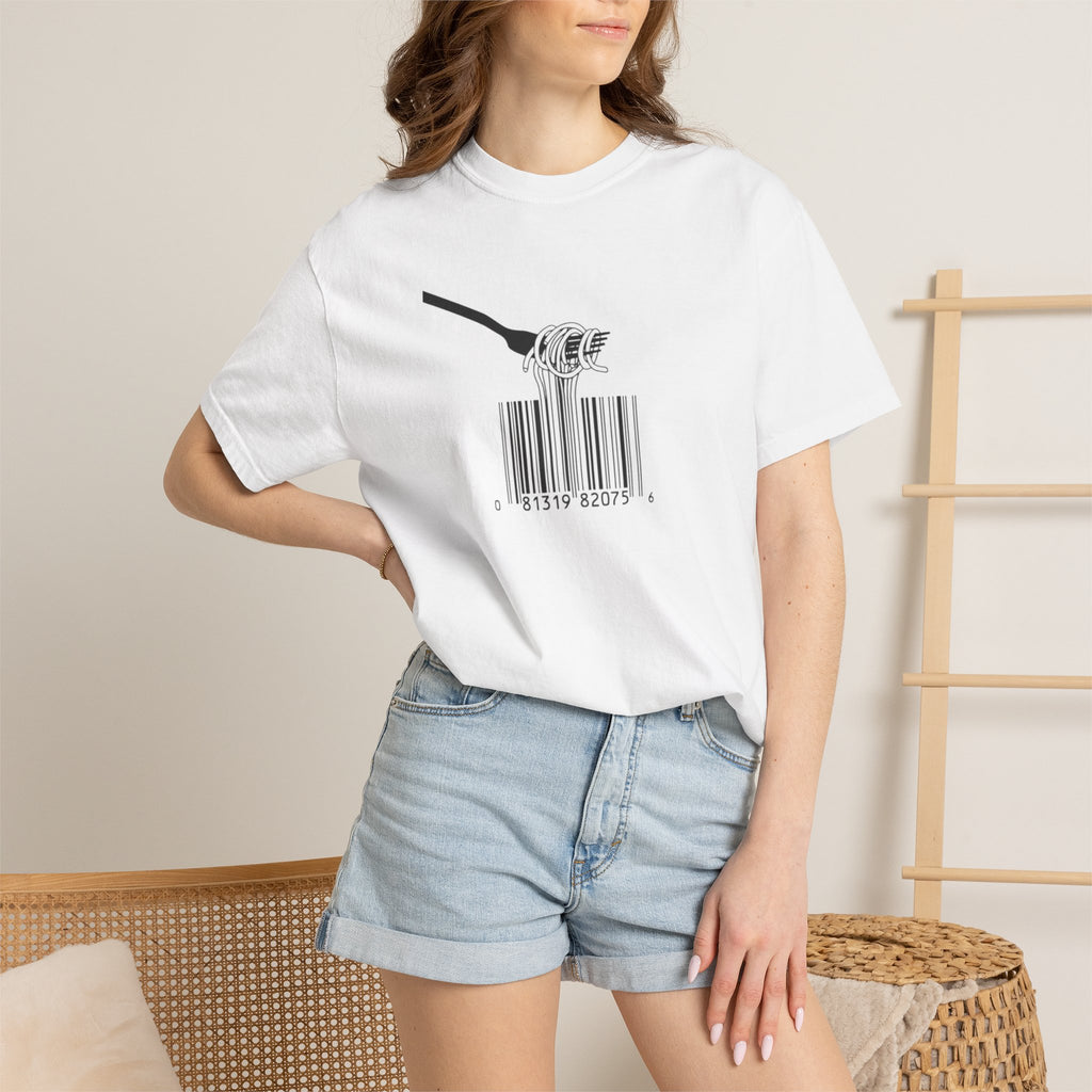 Barcode Spaghetti T‑Shirt — Fork Eating Barcode Graphic Tee