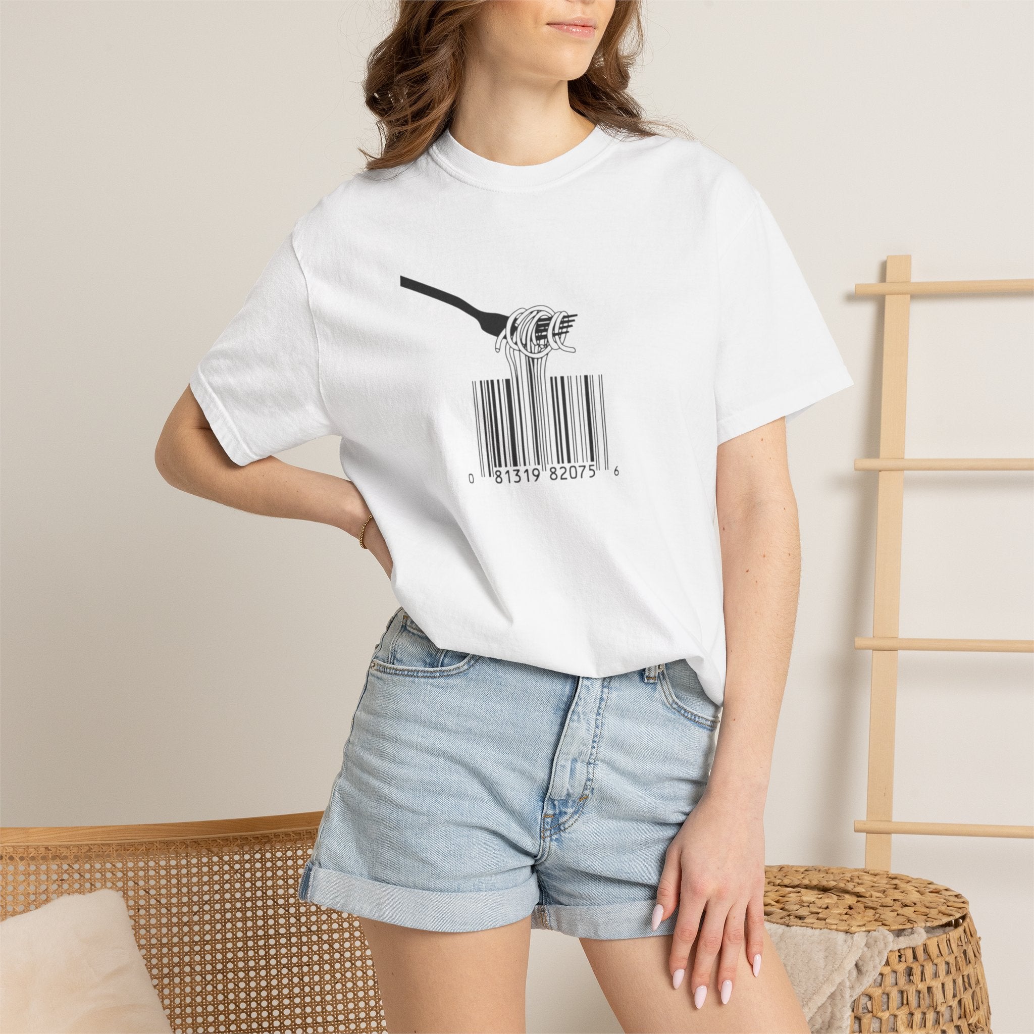 Barcode Spaghetti T‑Shirt — Fork Eating Barcode Graphic Tee