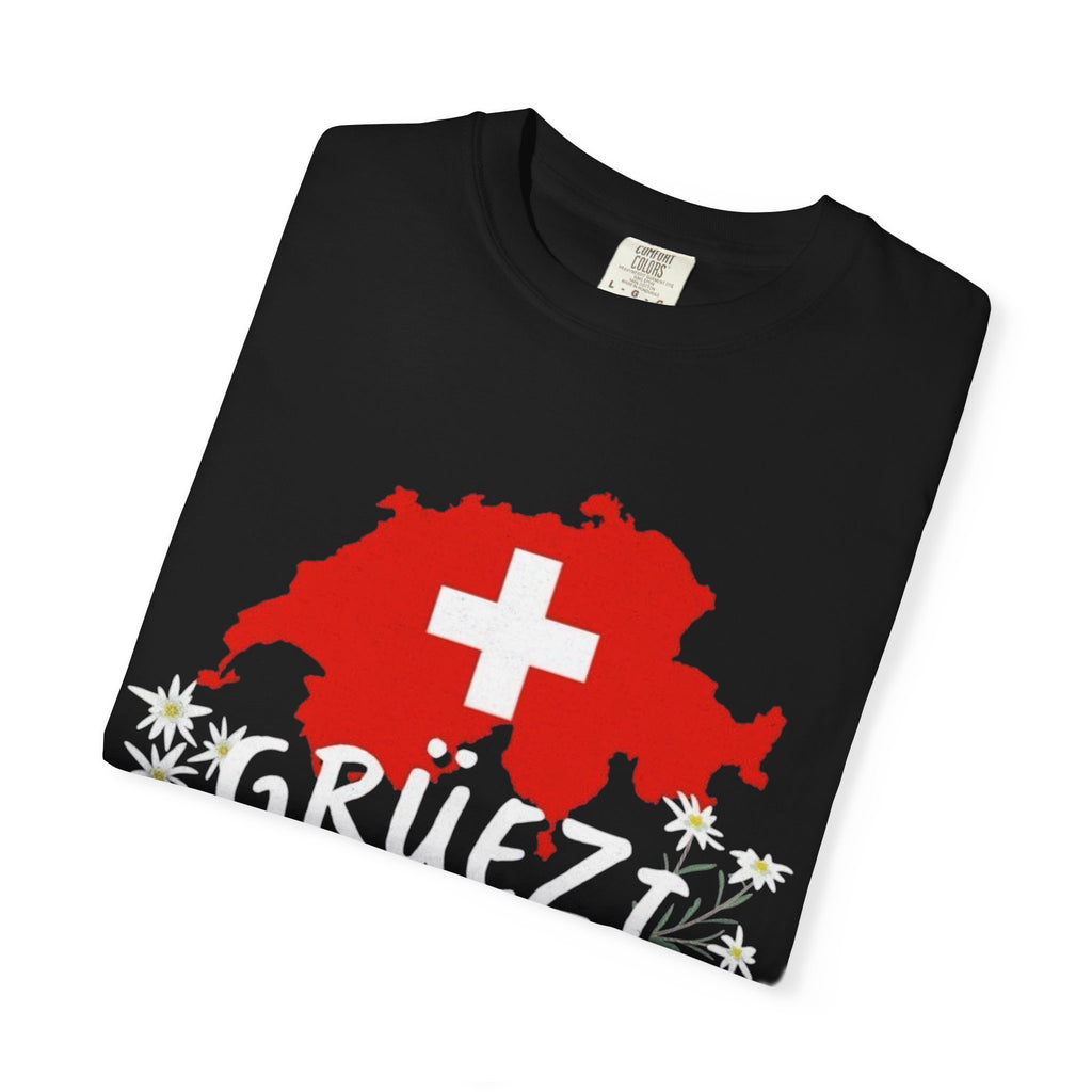 Grüezi Switzerland Map T-Shirt — Swiss Flag & Edelweiss Tee