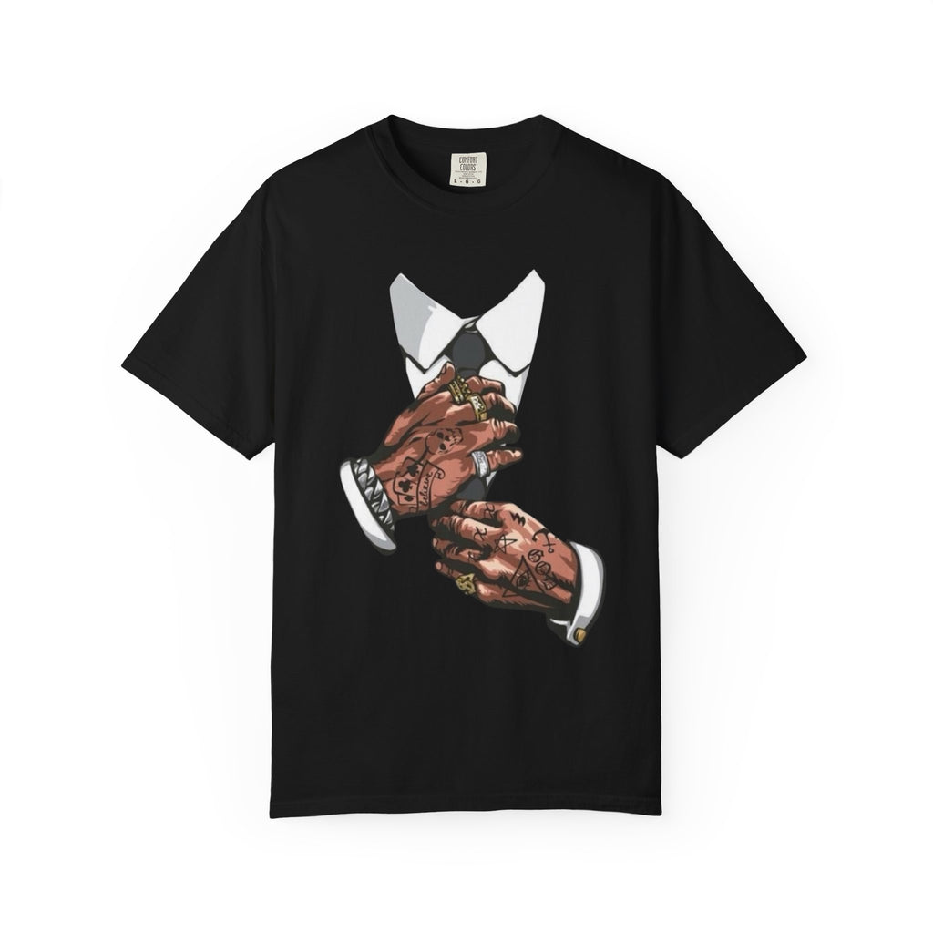 Tattooed Hands Adjusting Tie T-Shirt | Suit Collar Graphic Tee