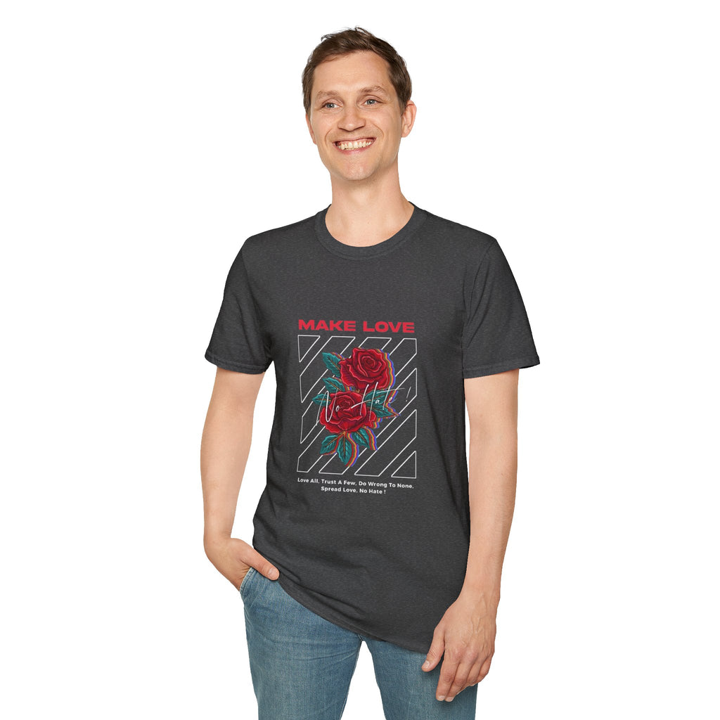 Make Love Rose graphic T-Shirt | Retro stripes, red rose design