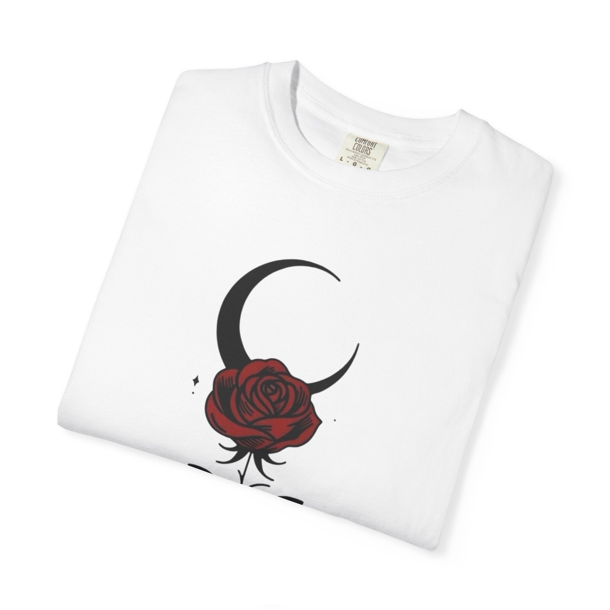 Moon & Rose T‑Shirt — Gothic Crescent Moon with Red Rose Graphic